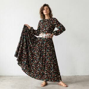 TOIT VOLANT Black Floral Maxi Dress Voluminous skirt size Small